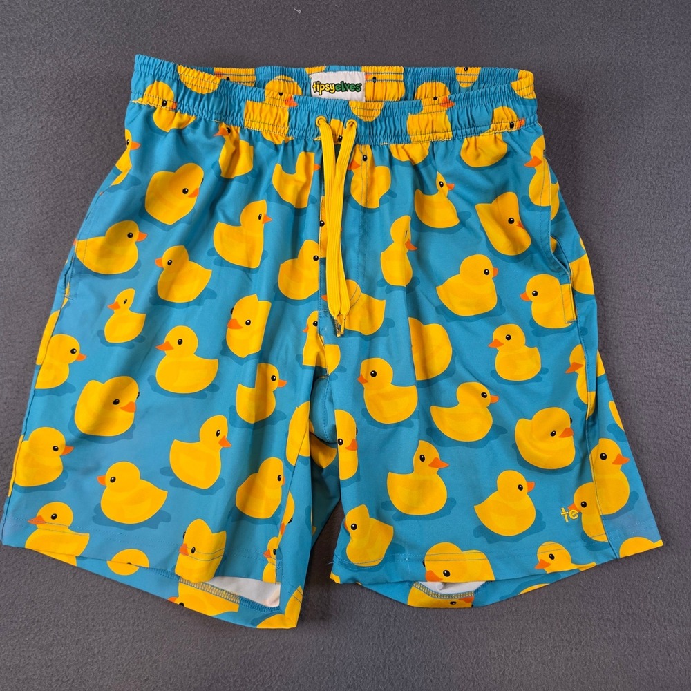 Tipsy Elves Swim Trunks Men XL Blue Yellow Rubber Duck Print Mesh Lined